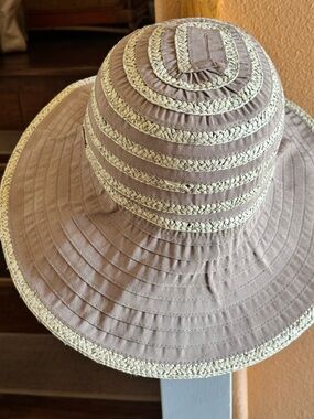 Betmar Taupe Wide Brim Sun Hat with Cream Braided Trim. See pictures